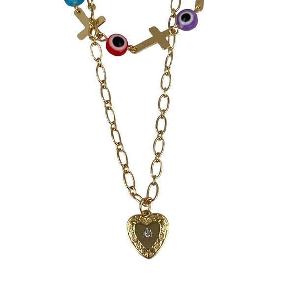 Charming Charlie Gold Tone Hypoallergenic Necklace With Multicolor Beads & Cross - Picture 3 of 5